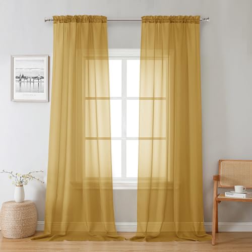 Image of Chyhomenyc Sheer Gold Curtains 90 inches Long 2 Panels, Light Filtering Soft Airy Solid Elegant Voile Window Treatment Drapes for Bedroom Living Room Wedding Party Decor, 42 Wx90 L Inches