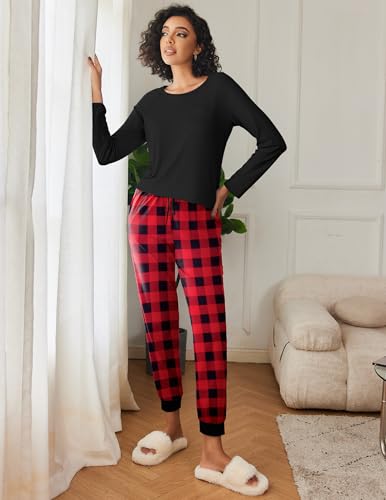 Ekouaer 2 Pack Womens Pajamas Set Long Sleeve Sleepwear Top and Jogger Pants Lounge Sets Cozy Pjs Loungewear,Plaid,Medium - Image 4