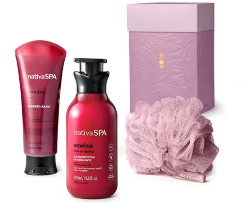 Kit Nativa Spa Ameixa: Esponja Para Banho, Sabonete Líquido 200ml e Loção 400ml