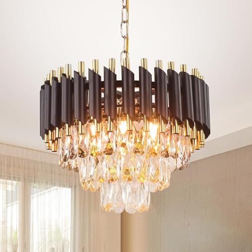 Image of Luxurious 300mm Black Gold Modern Chandelier with K9 Crystals | Warm White, Moonlight & Golden Light | Ceiling Hanging Light for Living Room, Dining Room, Bedroom, Hallway