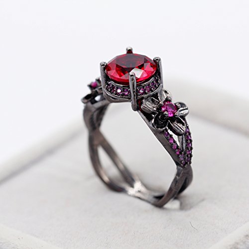 Uloveido Black Infinity Flower Promise Rings for Women with Cushion Cut Red Cubic Zirconia Stone Engagement Wedding Jewelry Y3573