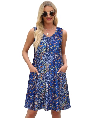 Image of Womens Summer Dresses Casual V Neck Sleeveless Pockets Beach Loose Sundress