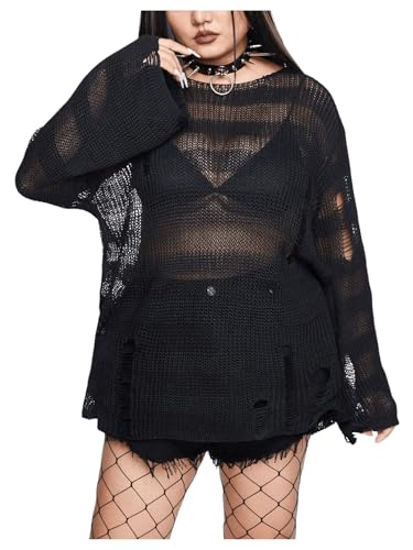 SHENHE Women's Plus Size Ripped See Through Bell Sleeve Sexy Grunge Distressed Sweater Pullover