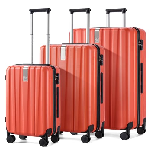 Image of Hanke Luggage Sets 3 piece Carry On Luggage with Wheels PC Hard Shell Suitcases Lightweight Checked Tsa Luggage Extra Large Travel Suitcase Woman Men 20 /24 /29 Inch （Orange）