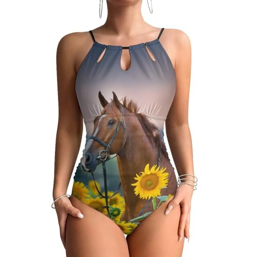 Maillot de bain une pièce cheval tournesol pour femme à effet ventre plat