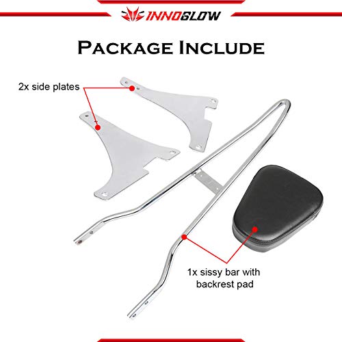 INNOGLOW Sissy Bar with Backrest Motorcycle PU Backrest Passenger Pad Driver Rider Sissy Bar Backrest Mount Seat Pad Fits For Harley Sportster XL883 XL1200 2004-UP (Chrome)