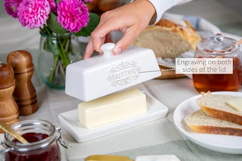 Covered Butter Dish with Lid - Elegant Engraved Butter Holder with Lid - Ceramic Butter Stick Holder Tray Holds Any Size Stick - Decorative Butter Keeper Container for Countertop & Fridge - 7.7\" x 4\"