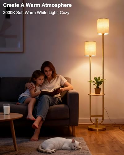 Image of Lightdot 63Inch Floor Lamp Dimmable Gold Floor Lamp with 5Lbs Heavy Base for Living Room 2-Light Mid Century Modern Tall Standing Lamp with Table for Bedroom /Sofa Beside /Corner Decor(Bulbs Included)