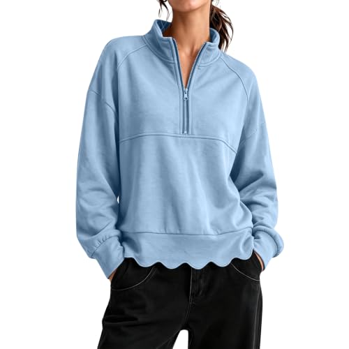 Quarter Zip Pullover Women Comfy Scalloped Collared Lightweight Sweater - image 1
