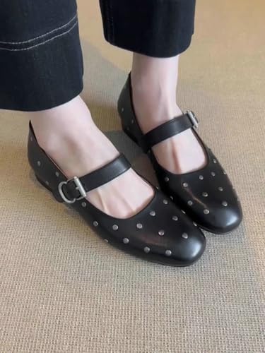 Women's Round Toe Retro Rivet Mary Jane Flat Shoes Stylish Single Belt Buckle Dress Shoes Genuine Leather Slip On Flats4
