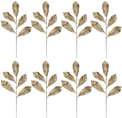 8PCS Christmas Glitter Leaves Stem 52CM Magnolia Foliage Leaf Rose Gold Glitter Christmas Picks Christmas Tree Decorations for Xmas Tree Ornaments Wreath New Year Flower Arrangement