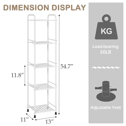5 Tier Narrow Metal Shelving Unit for Bathroom, Kitchen, Living Room, Laundry, Pantry (Matte White)
