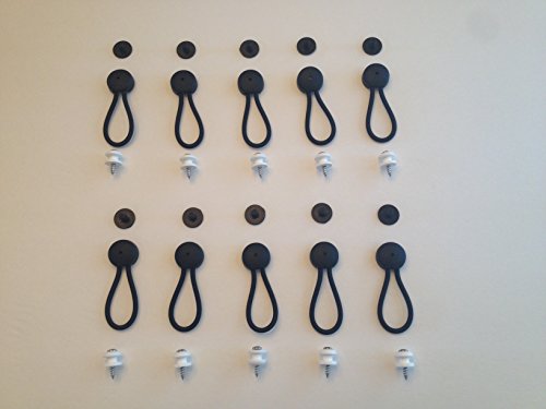 StayputFasteners 6 5/8" Standard Size Black Bungee Shock Cord & Fastener for Boat Canvas (10 Pack) with White Knobs and #10 Stainless Titanium Screws