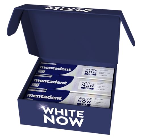 Mentadent WHITE NOW Dentrifricio 3in1 Original, Dentifricio Effetto Sbiancante Rapido 75ml, Tecnologia Triple-Light™, 96% Origine Naturale, Rimozione Macchie, Delicato sullo Smalto, Cofanetto 3 Pezzi - Immagine 1