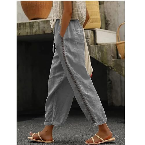 Grey Linen Pants for Women High Waist Dress Pants Womens Summer Lightweight Pants with Pockets Casual Wide Leg Beach Pants XL2
