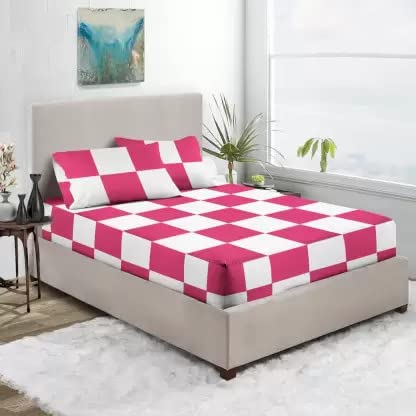 600 Thread Count Decorative Checks Fitted Sheet 3 PCS Set (1 Checks Fitted Sheet and 2 Pillow Cases) 100% Egyptian Cotton, with Fits Upto 42 Cm Deep Pocket-Single Size White/Pink Solid