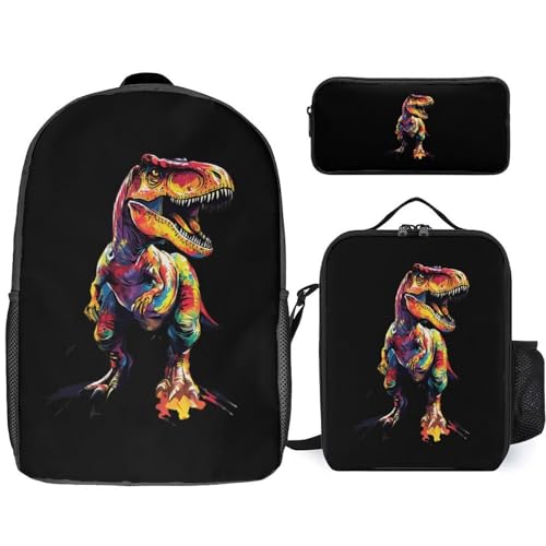 Colorful Dinosaurs Classic Backpack Lunch Bag Pencil Case 3 Piece Set Travel Daypack
