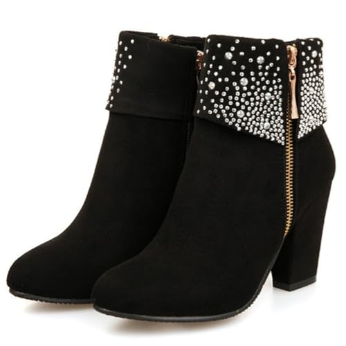 Inornever Women High Heel Boots Suede Chunky Heel Dressy Ankle Boots with Rhinestone Strap & Side Zipper Dress Shoes