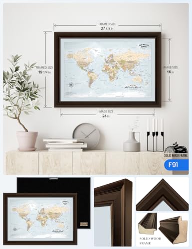 Image of IPIC - Custom Framed World Maps for Wall Decor, Push Pin Map Decor to Mark Travels, Personalized Artwork with Names and Message on, World Travel Map Print for Home, Office, Study, and RV