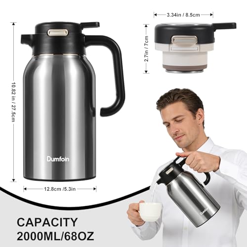 Image of 68 Oz Thermal Coffee Carafe, Stainless Steel Insulated Vacuum Coffee Carafes For Keeping Hot Liquid Thermal Pot Creamer Pitcher Dispenser(Silver /Silver)
