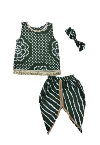 Image of The Root And Craft Kids Birthday Photoshoot Outfit Dress Girls Bandhani printed Top With Dhoti pant & Hairband Born Baby Photography Photoshoot Props(0to 18 Month)