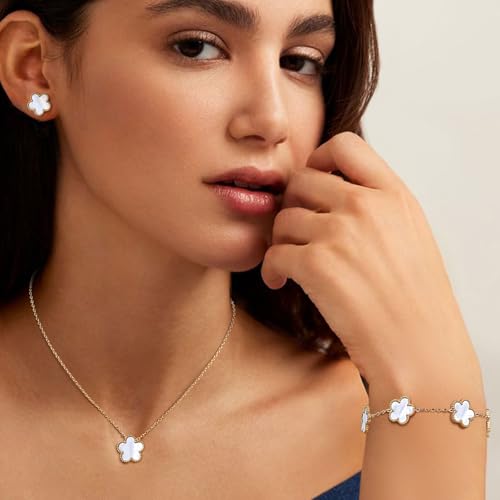 Gold Necklaces Bracelets Earring Set - 18K Gold Plated Flower Bracelet Chain,Stainless Steel Non Tarnish Floral Pendant Stud Jewelry Sets,Christmas Birthday Lucky Gift for Mom Wife Daughter Girlfriend3