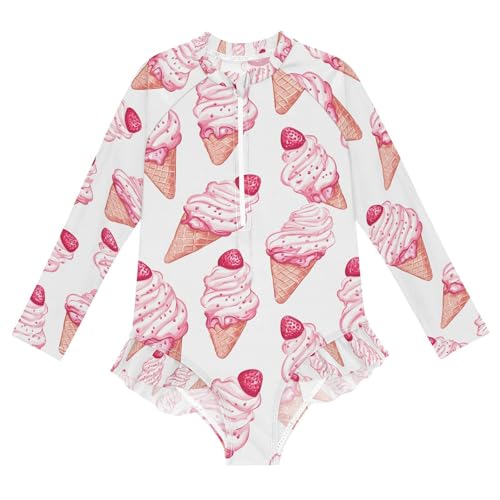 ALAZA Strawberry Ice Cream Cartoon Girls One Piece Swimsuit Long Sleeve Rashguard Swimsuit UV 50+ Swimwear Zip