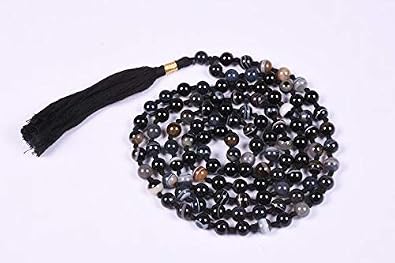 AAA Natural Black Sulemani Hakik 108-Bead Mala Hand-Knotted Prayer & Meditation Necklace with Tassel & 10mm Gemstone Beads