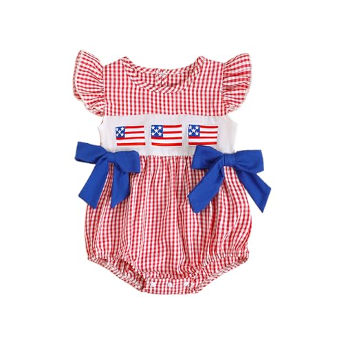 MoZiKQin Baby Girl 4th of July Outfit Newborn American Flag Bubble Romper Bowknot Ruffle Bodysuit Smocked Baby Clothes (US Flag Bubble-red, 3-6 Months)