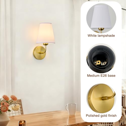 Image of Hardwired Wall Sconces Set of 2,Gold Finish with White Fabric Shades,Small Indoor Wall Decor Lamp for Living Room Bedroom Bathroom