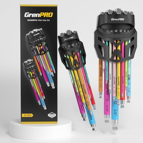 GRENPRO Allen Wrenches Sets, Hex Key Set, 22pcs Allan Wrench Sets Metric And Standard & SAE Color Coded Bike Wrench Tools Organizer With Bit Set And Adapter, Long Large Small Ball End Allen Wrench Set
