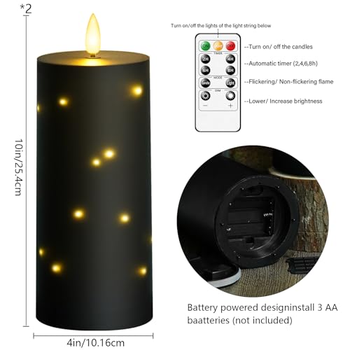 Image of kakoya 10 inch x 4 inch Large Outdoor Waterproof Flickering Flameless Candles with Timer,2Pcs Battery Operated LED Pillar Candles with Embedded Star String for Outdoor Lanterns,Porch,Patio Decor(Black)