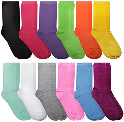 Yacht & Smith 12 Pairs of Womens Casual Crew Socks, Cotton Colorful Fun Patterns, Women Solid Dress Sock