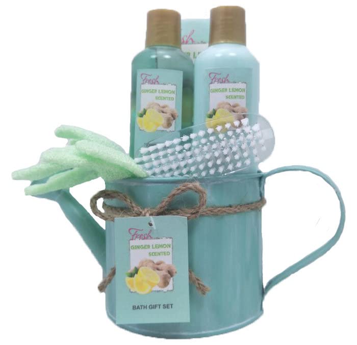 Pokhara Pok1163 Paquete Regalo Cosmetica, Contiene Gel de Ducha 150 Ml, Loción Corporal 150 Ml, Sales de Baño 100 Gramos, Cepillo Plástico y Guante de Baño, Limon y Jengibre