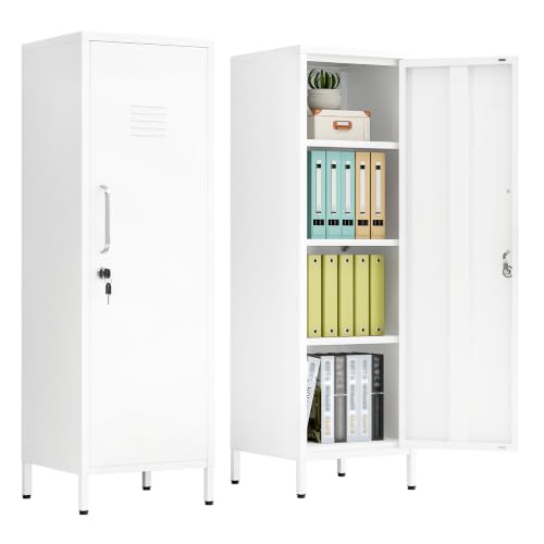 Image of pozdeg 47.24 inch White Lockable Small Metal Storage Locker | Employees Locker 1 Door & 3 Adjustable Shelves, Steel Cabinet for Employees, Home, School, Office & Gym