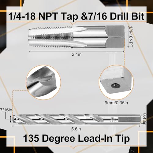 Image of MorningRo 1 /4-18 Npt Tap 7 /16 Drill Bit, M2(6542) High Speed Steel Tap and Drill Bit Sets for Accurate Threads, Assorted Plumbers Mechanics DIY Thread Cutting Tools