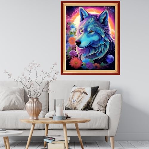 Image of Findvoor Stamped Cross Stitch Kits for Beginner Embroidery Kits for Beginners Adults DIY 11CT Cross Stitch Patterns Needlepoint Kits Crossstitching Kits-Flower Wolf 16x20 inch