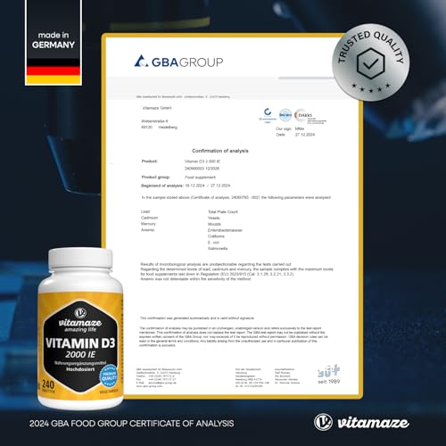 Vitamin D3 2000 IE hochdosiert, Vorrat für über 1 Jahr, 50 mcg reines Cholecalciferol pro 2-Tagesdosis, Sonnenvitamin für Knochen und Immunsystem, Made in Germany
