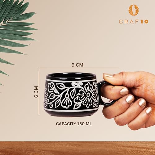 Image of CRAF10 Ceramic Hand Painted with Brush Black Desire Tea Morning Set - 1 Kettle (1 Litre) & 6 Cups (160 ML) | Microwave & Dishwasher Safe | Teapot | Tea Sets with Kettle for Gifting