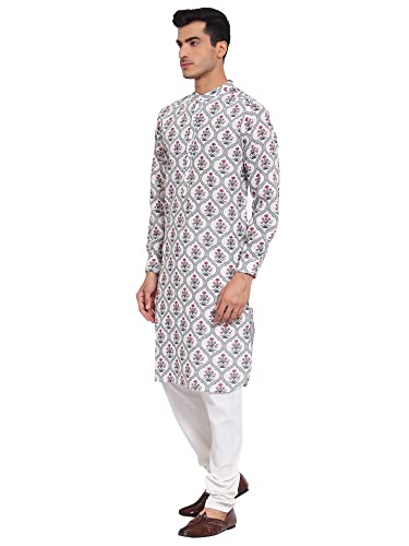 Image of Style Quotient Men Off White Floral Printed Thread Work Kurta