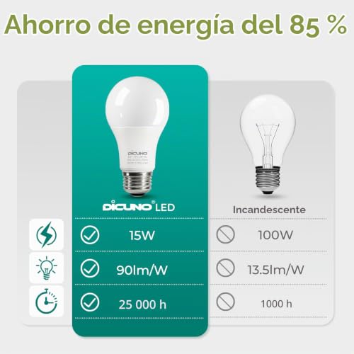 Bombilla LED E27 A60 DiCUNO 15W, luz blanco frío 5000K, pack de 6 unidades no regulables 3