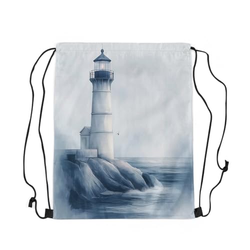 Image of jejeloiu Lighthouse Drawstring Backpack 13x15.7inch Nautical Seascape Waterproof Gym Drawstring Bags Ocean Sports String Backpack Beach Swim Travel Bag Sackpack