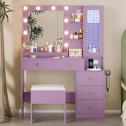 Image of Vanity Desk with Mirror and Lights, Purple Makeup Vanity with 5 Drawers Hidden Jewelry Organizer& LED Glass Cabinet,3 Light Mode and Brightness Adjusted,Vanities Mirror with Lights Desk and Chair