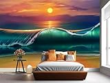 3D Mural Ocean Wallpaper - Sunset Sea, Natural Beach & Surf Scene. Ideal for Sofa Background, Bedroom, Office, Living Room, Kitchen & Nursery Decor. Not Peel & Stick, 105”x75” (WxH)