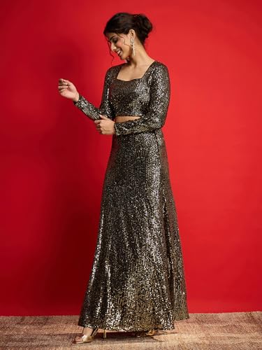 Image of WomenBlack With Golden Sequence Crop Top With Fish Cut Skirt -L