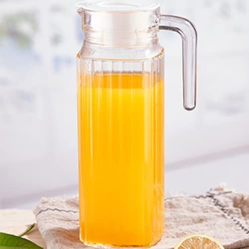 Image of NeWine Premium 1100ml Glass Water Jug with Plastic Lid & Handle | 1.1L Transparent Beverage Carafe for Home, Office, Etc. | Pitcher for Serve Water, Milk, Juice, Beverage, Chaas, Cocktail (Lining Jug)