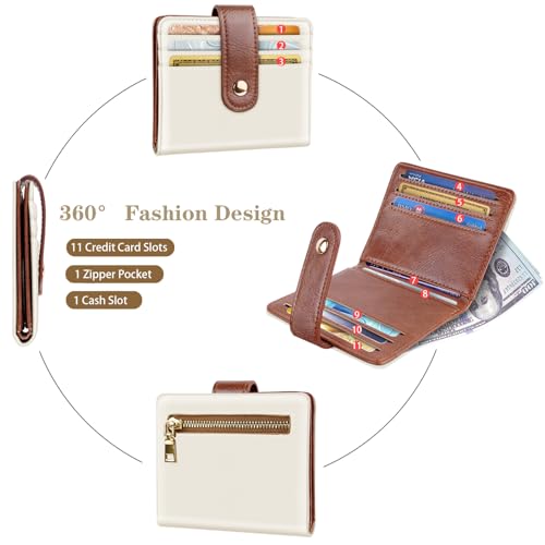 Image of Small Wallets for Women Slim Minimalist Bifold Credit Card Holder | Compact Zipper Coin Purse for Ladies RFID Blocking Mini Travel PU Leather Card Case Gifts for Mom, Brown & Cream