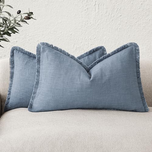 Image of Foindtower Set of 2 Decorative Linen Fringe Lumbar Throw Pillow Covers Boho Farmhouse Cushion Cover with Tassels Soft Accent Pillowcase for Couch Sofa Bed Living Room Home Decor,12x20 Inch,Misty Blue