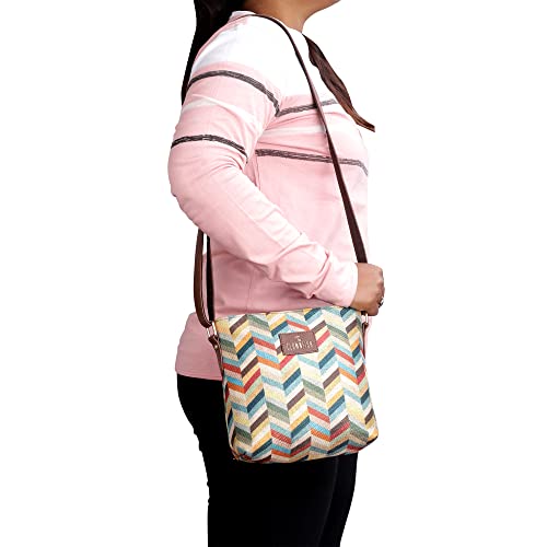 Image of THE CLOWNFISH Aahna Printed Handicraft Fabric Crossbody Sling bag for Women Casual Party Bag Purse with Adjustable Shoulder Strap for Ladies College Girls (Multicolour-Rainbow Design)