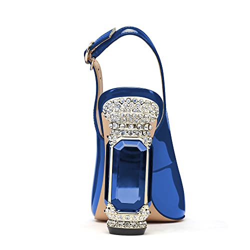 Image of JANSEVEN Women Chunky Heels Pumps Crystal Block Heels with Rhinestones Pointed Toe Sexy Gradient Patent Leather Slip on Bridal Party Wedding Dress Shoes 5-13 M US